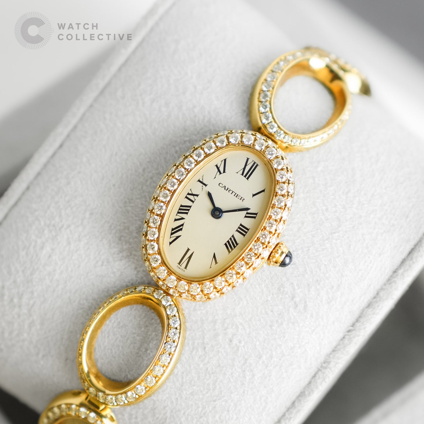 Cartier Baignoire 18K yellow gold oval bracelet with custom set diamonds 1967
