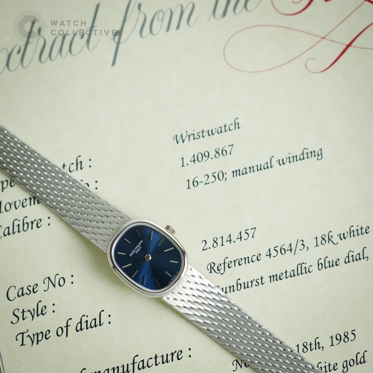 Patek Philippe Ellipse 18k white gold blue dial 20mm manual 4564/003