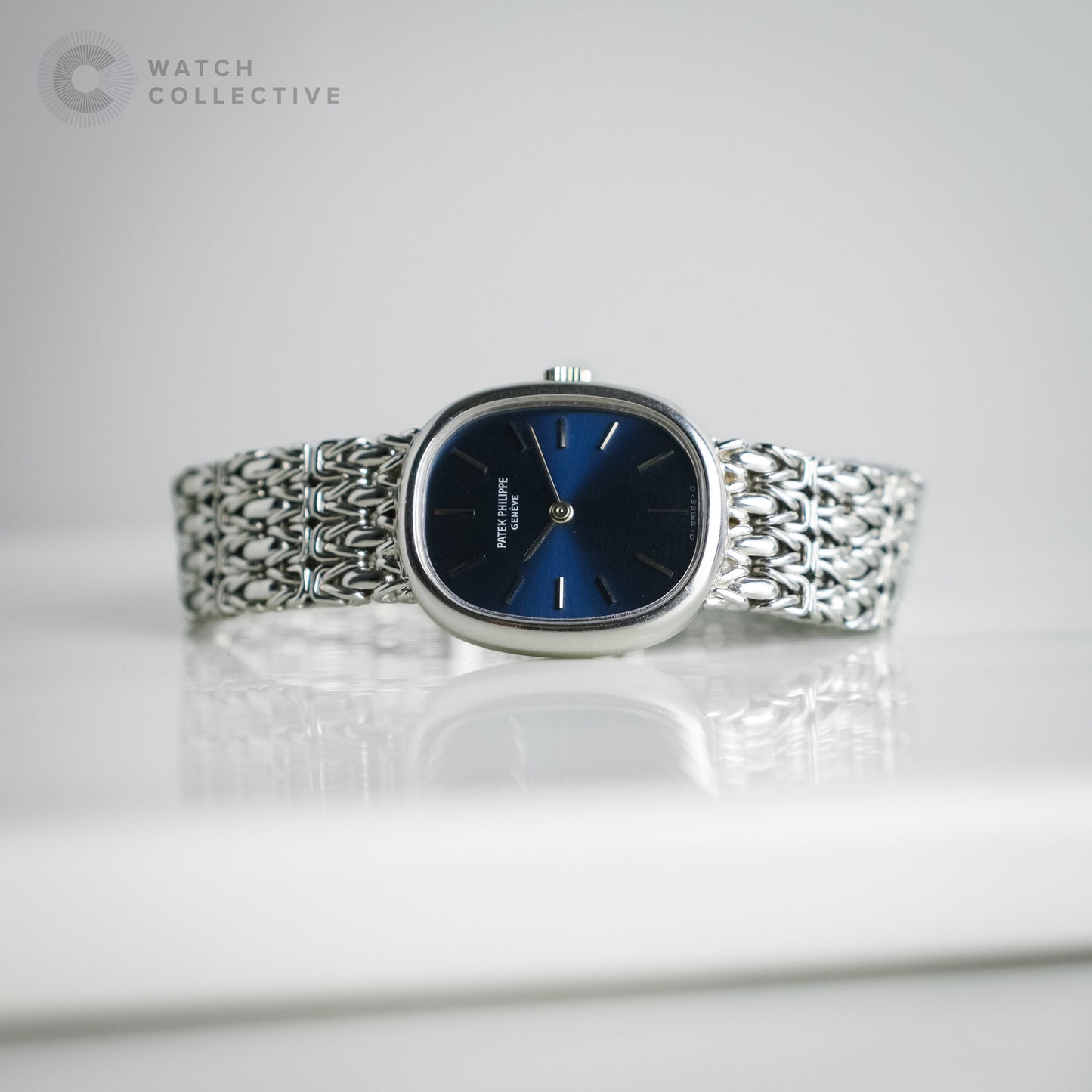 Patek Philippe Ellipse 18k white gold blue patina on bracelet 20mm manual 4564