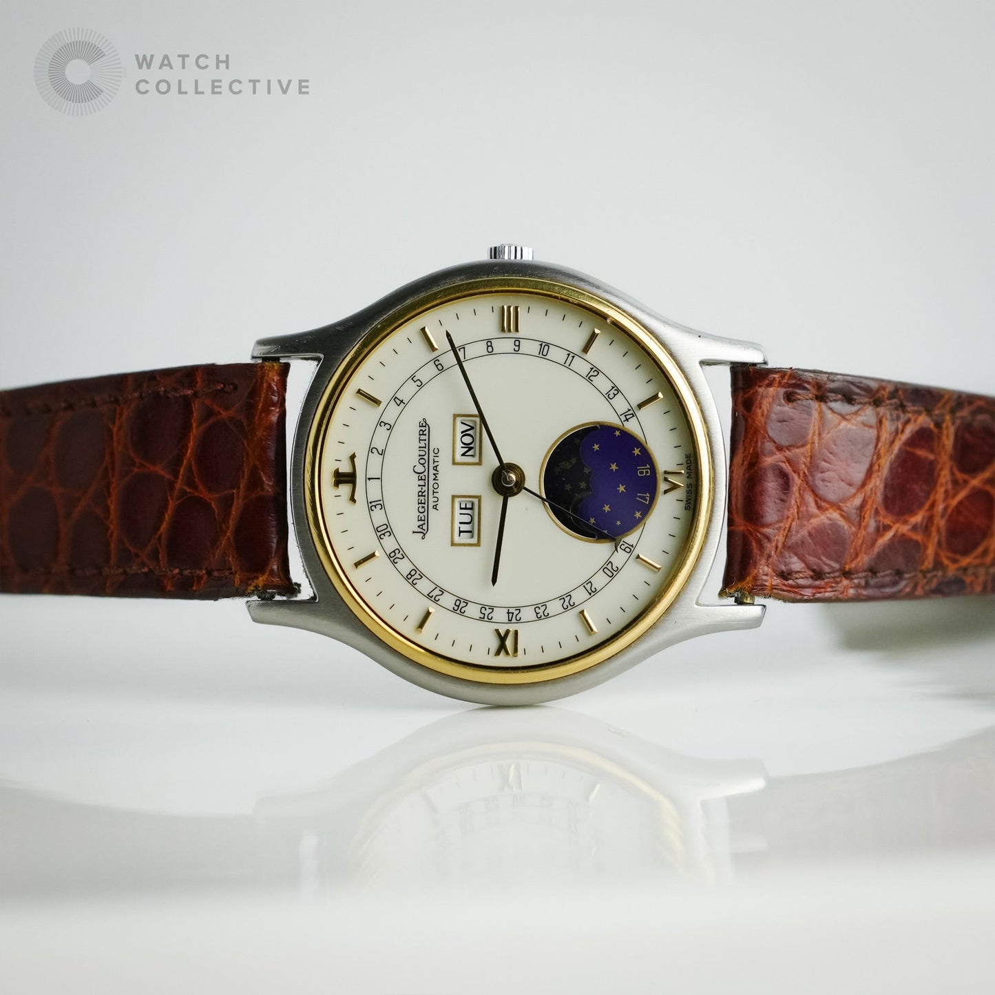 Jaeger Le Coultre Moonphase 18k yellow gold white dial 34mm 141.119.5