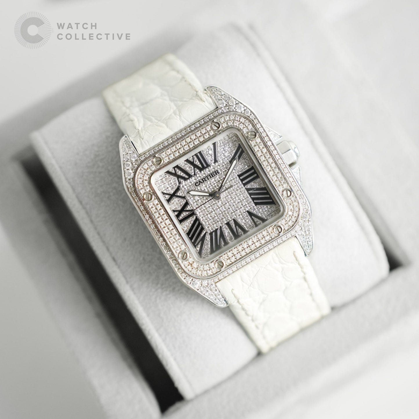 Cartier Santos Diamond dial with diamond case 36mm automatic white leather