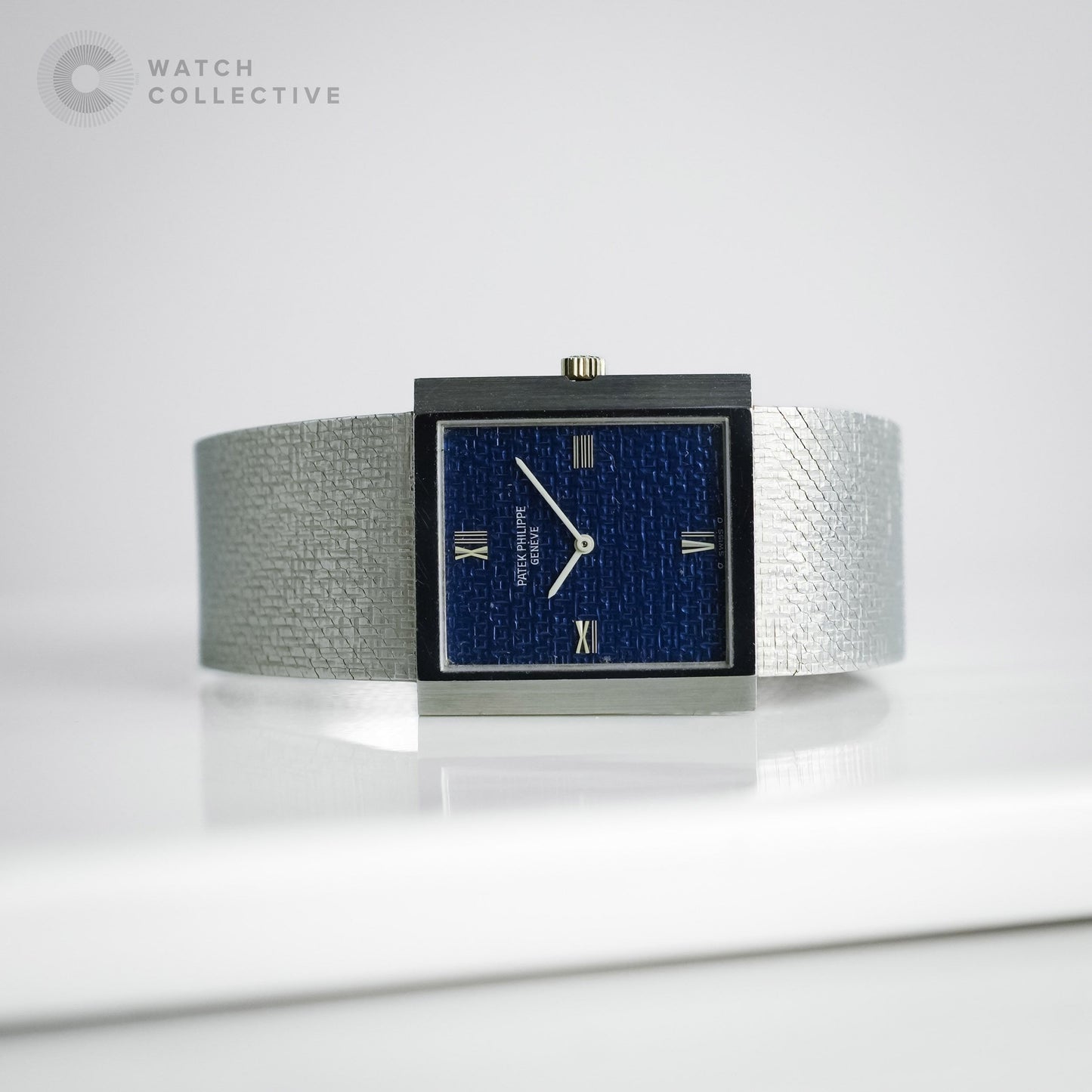 Patek Phillipe Ellipse Integrated Bracelet Rectangle 18K White Gold Blue Dial 3571/1