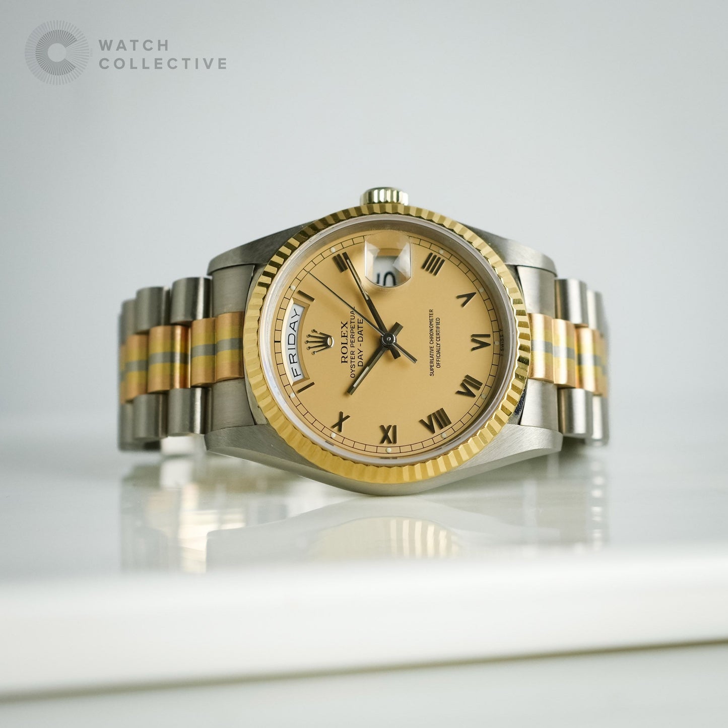 Rolex Tridor Daydate 18k Yellow, 18k White & Rose Gold on bracelet 36mm automatic 18239