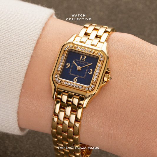 Cartier Panthere Blue Dial Pave Bezel 18k Yellow Gold 22mm Quartz 128000M