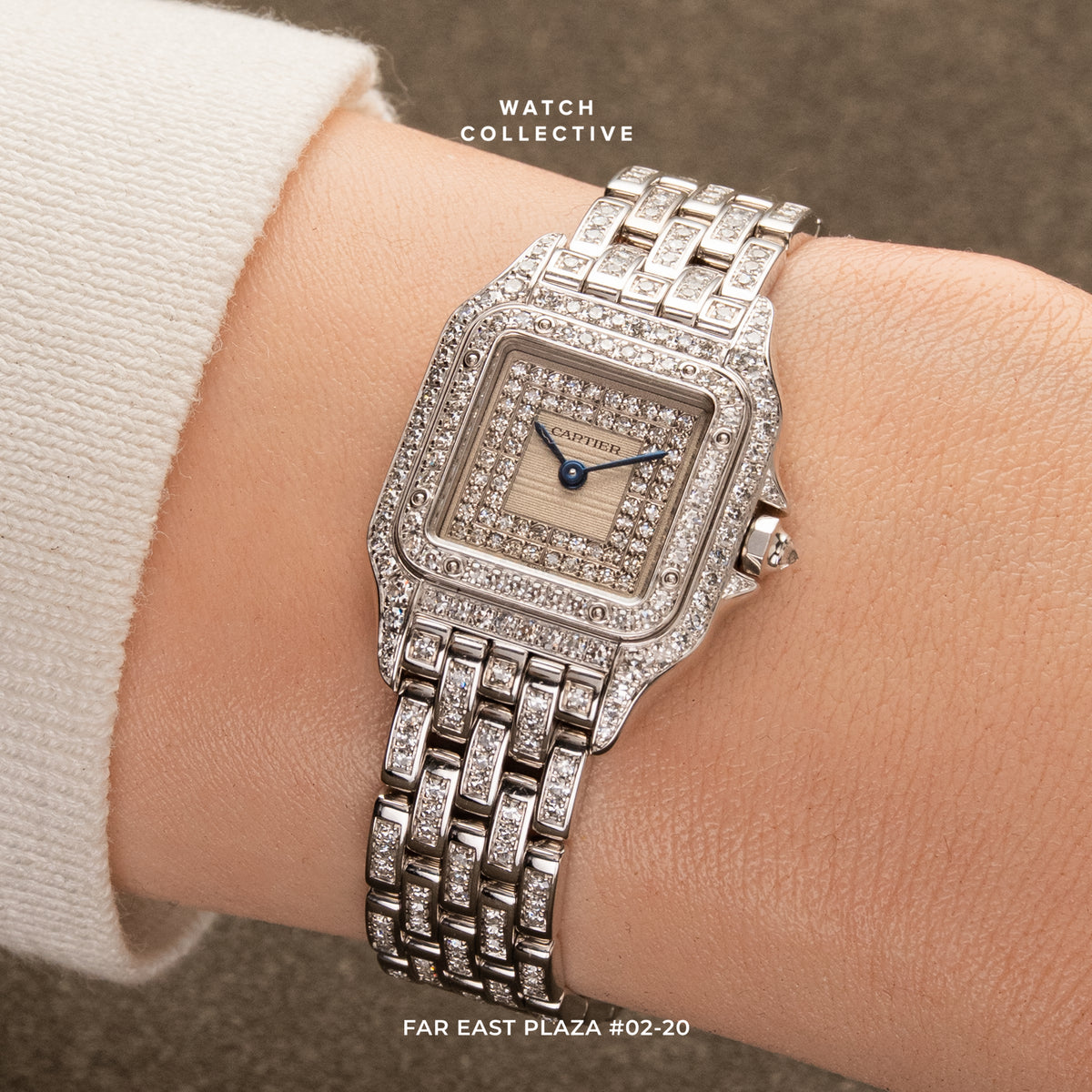 Cartier Panthere Lady Factory Diamond Pave Dial Case Beze Bracelet 18k White Gold 22mm Quartz 1660