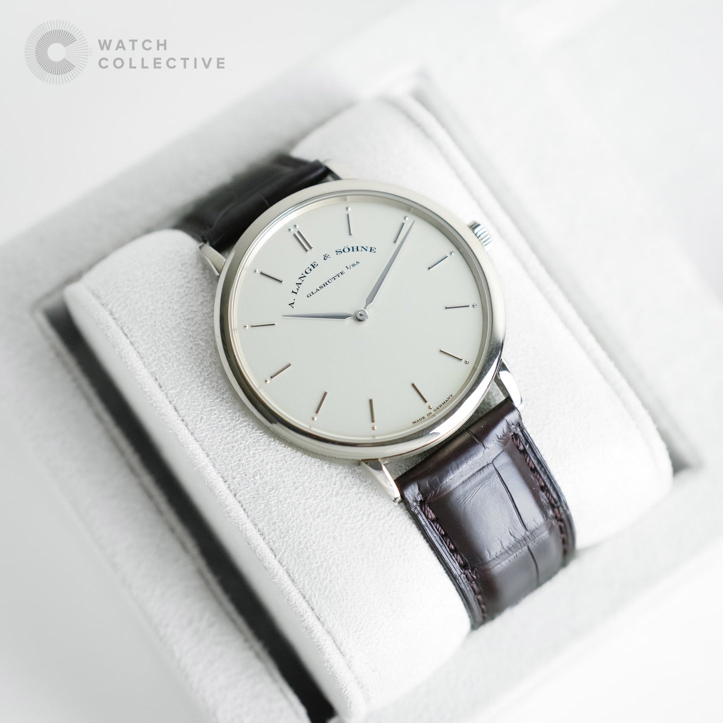 A. Lange &amp; Söhne Saxonia Thin 18k white gold original tang buckle leather strap 40mm manual 211.026