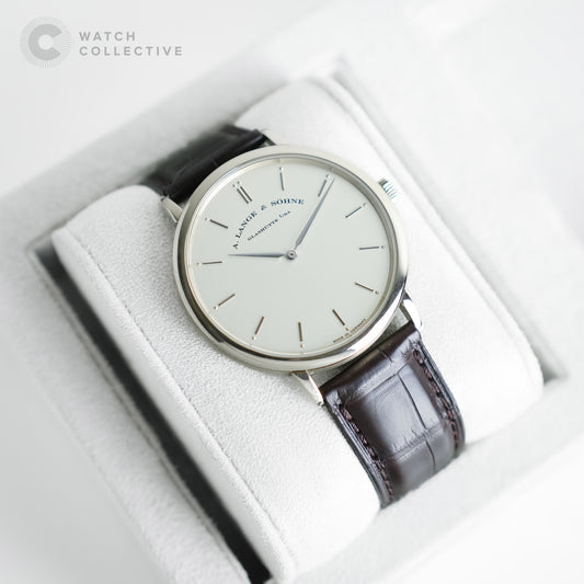 A. Lange &amp; Söhne Saxonia Thin 18k white gold original tang buckle leather strap 40mm manual 211.026