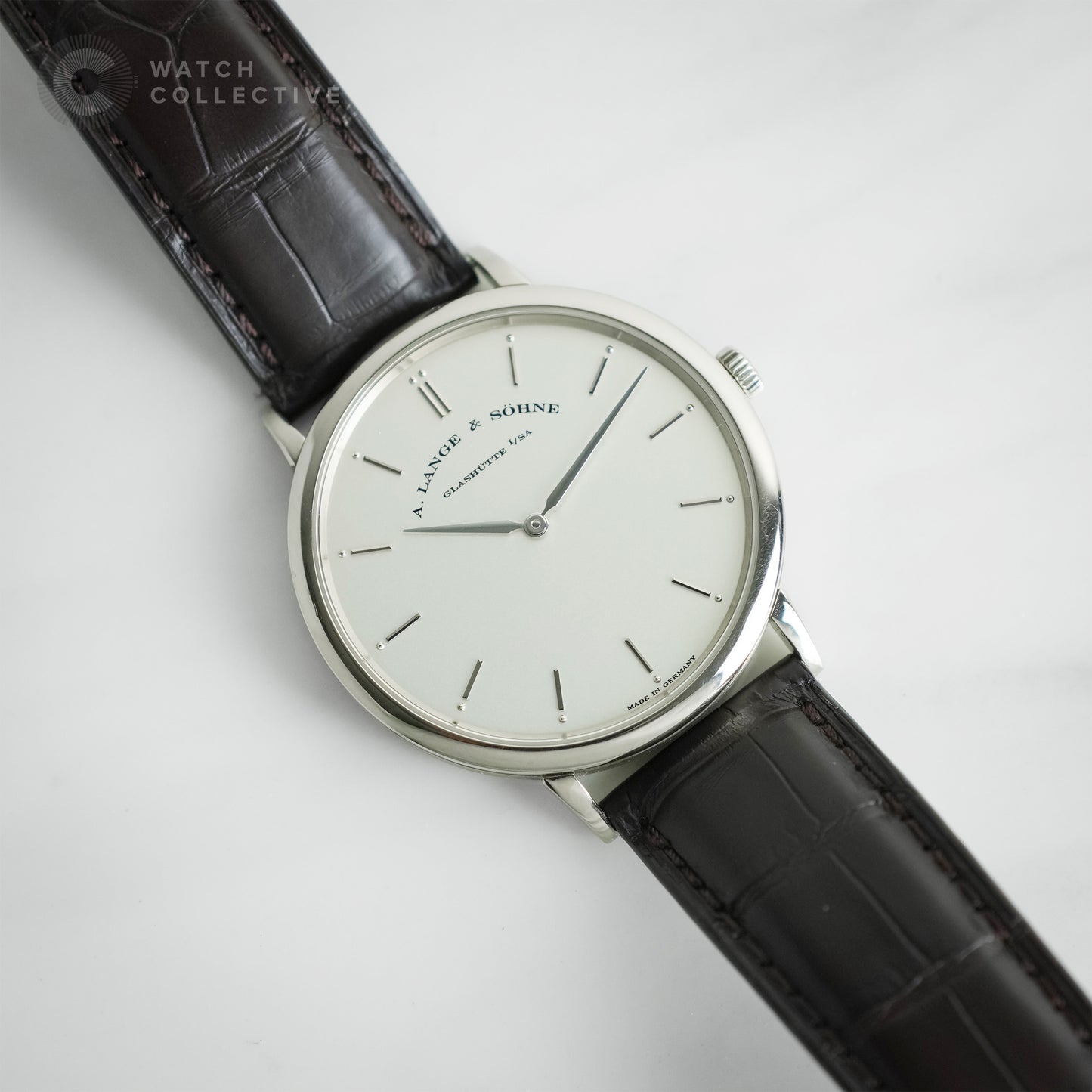 A. Lange &amp; Söhne Saxonia Thin 18k white gold original tang buckle leather strap 40mm manual 211.026