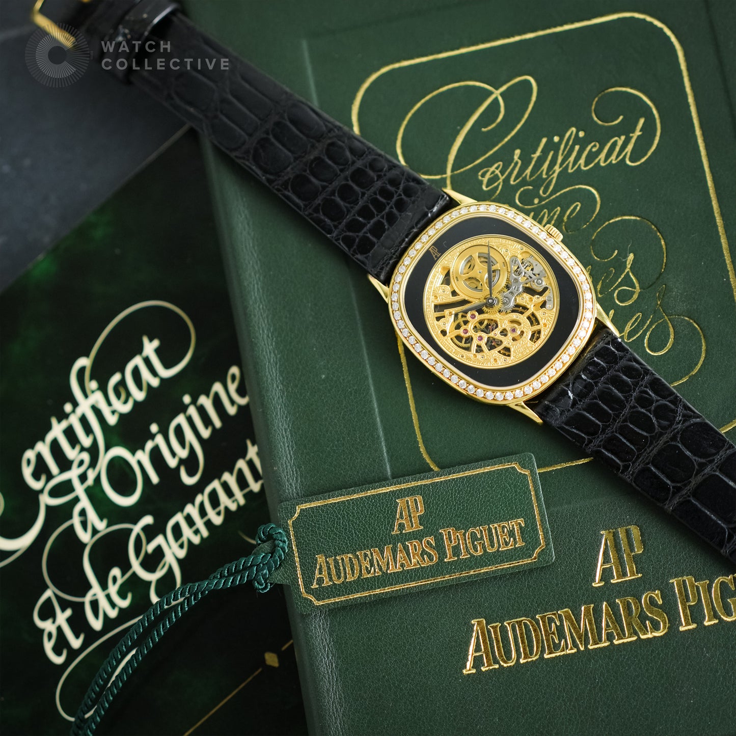 Audemars Piguet 18K Yellow Gold Factory-set Diamonds Skeletonized Onyx dial 29mmx32mm 14872BA
