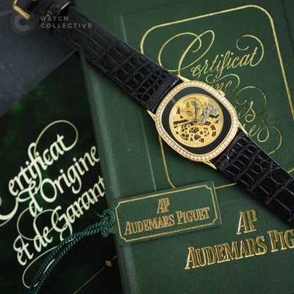 Audemars Piguet 18K Yellow Gold Factory-set Diamonds Skeletonized Onyx dial 29mmx32mm 14872BA