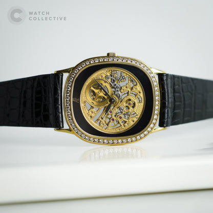 Audemars Piguet 18K Yellow Gold Factory-set Diamonds Skeletonized Onyx dial 29mmx32mm 14872BA