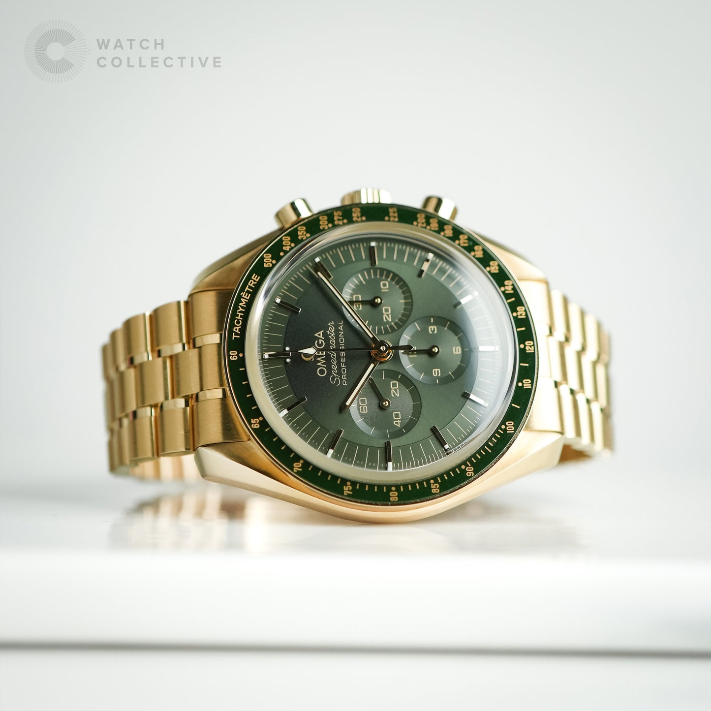 Omega Speedmaster Moonshine Yellow Gold with Green Dial | Complete Set