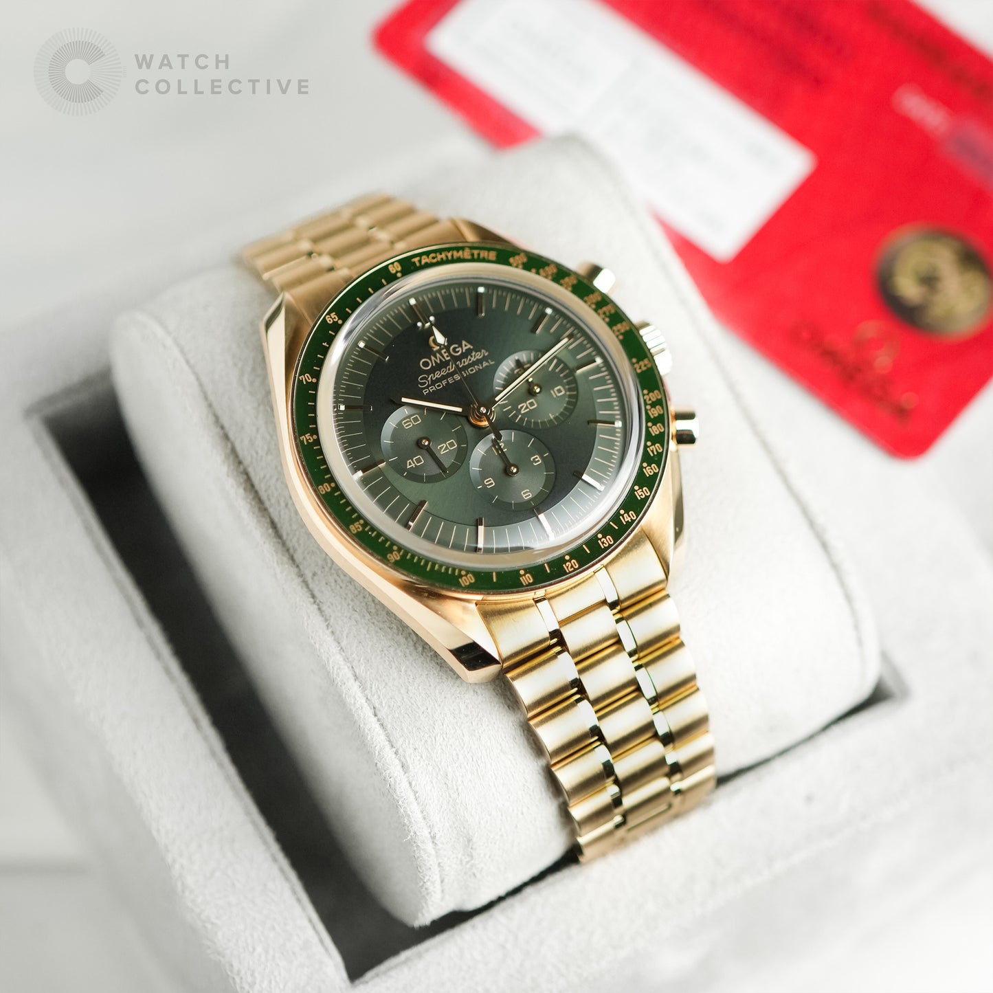 Omega Speedmaster Moonshine Yellow Gold with Green Dial | Complete Set