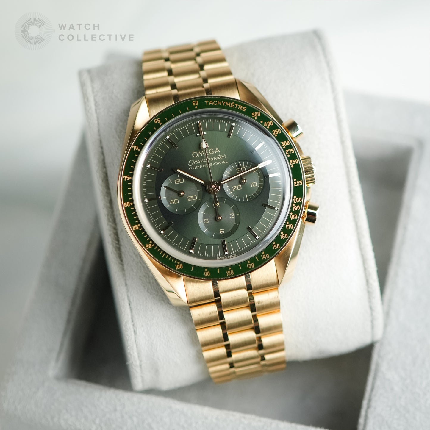 Omega Speedmaster Moonshine Yellow Gold with Green Dial | Complete Set