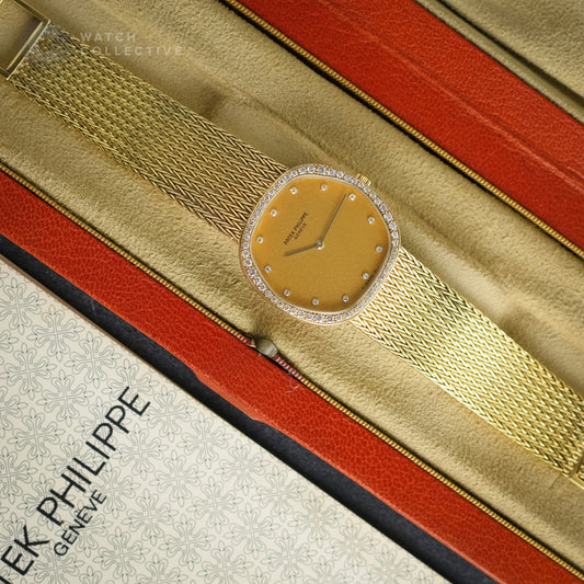 Patek Philippe Vintage Integrated Bracelet Yellow Gold Watch, Factory Diamonds