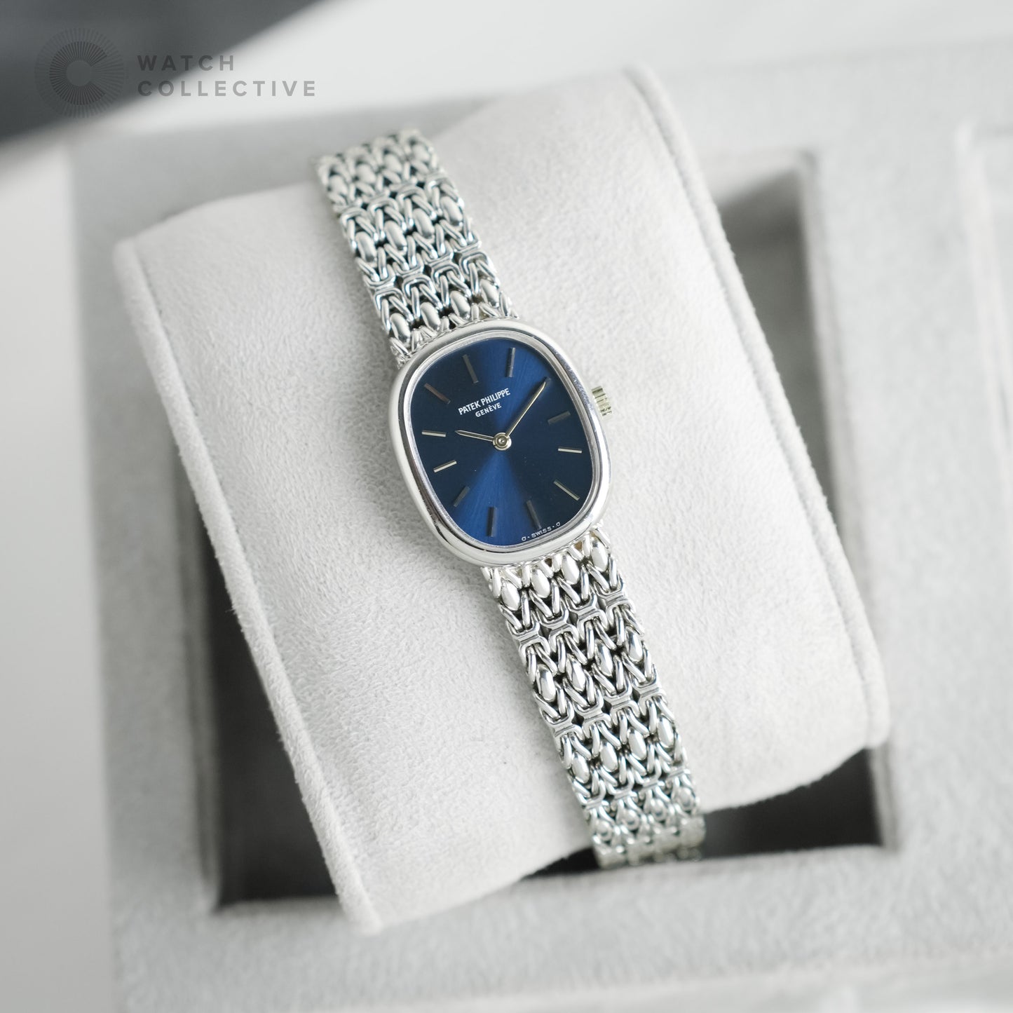 Patek Philippe Ellipse 18k white gold blue patina on bracelet 20mm manual 4564
