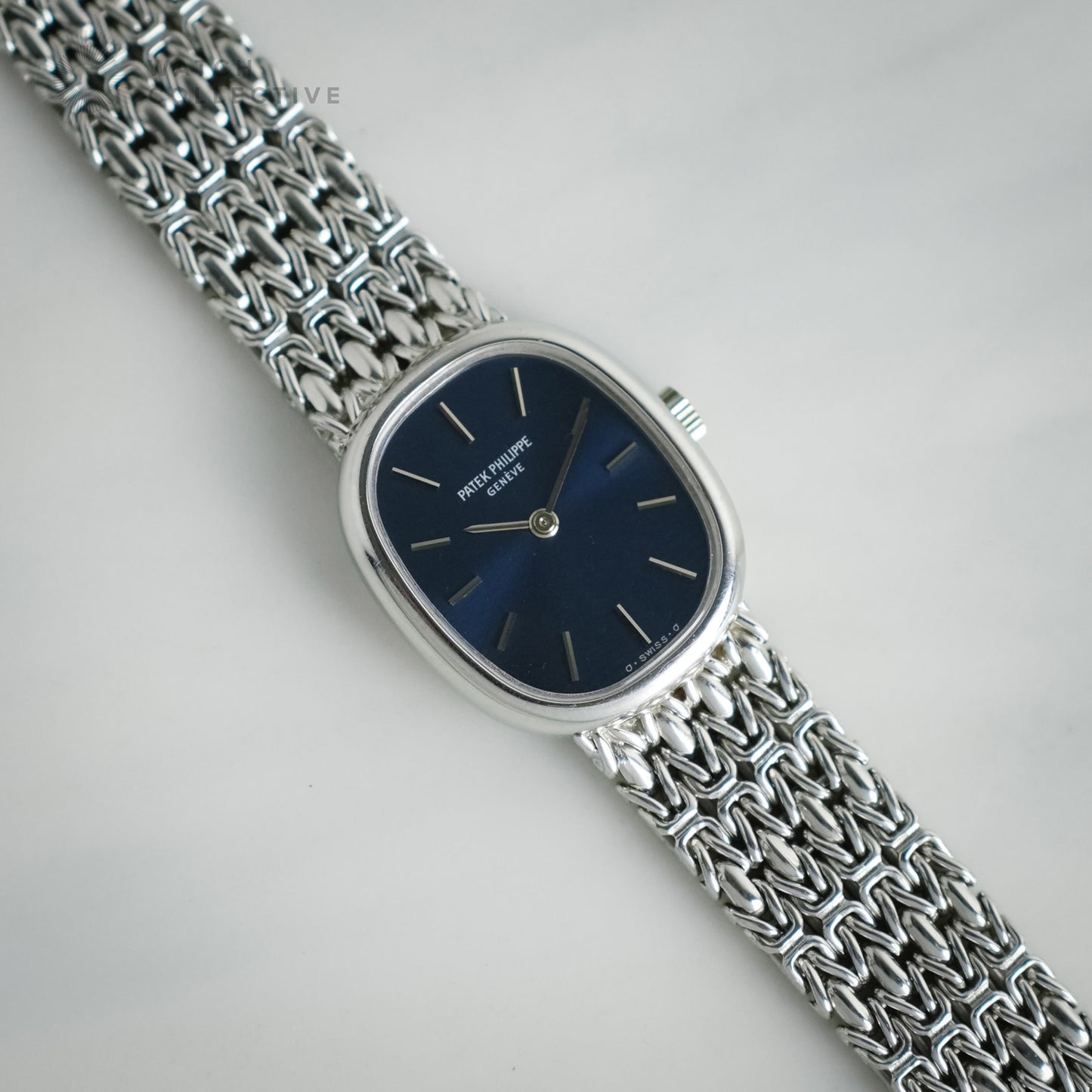 Patek Philippe Ellipse 18k white gold blue patina on bracelet 20mm manual 4564