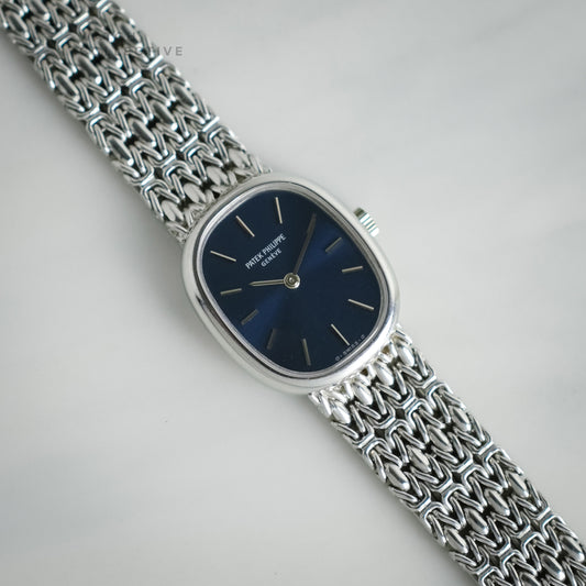Patek Philippe Ellipse 18k white gold blue patina on bracelet 20mm manual 4564