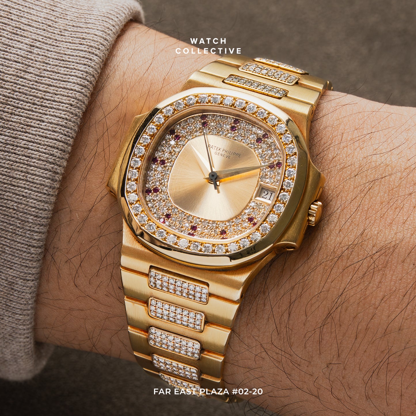 Patek Philippe Nautilus 18k Yellow Gold Pave Diamond dial Ruby Marker 37mm automatic 3800