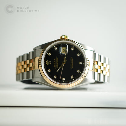 Rolex Two Tone Datejust 36 Black Dial w Diamonds 16233