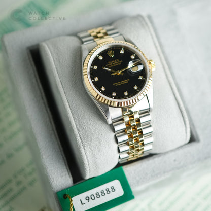 Rolex Two Tone Datejust 36 Black Dial w Diamonds 16233