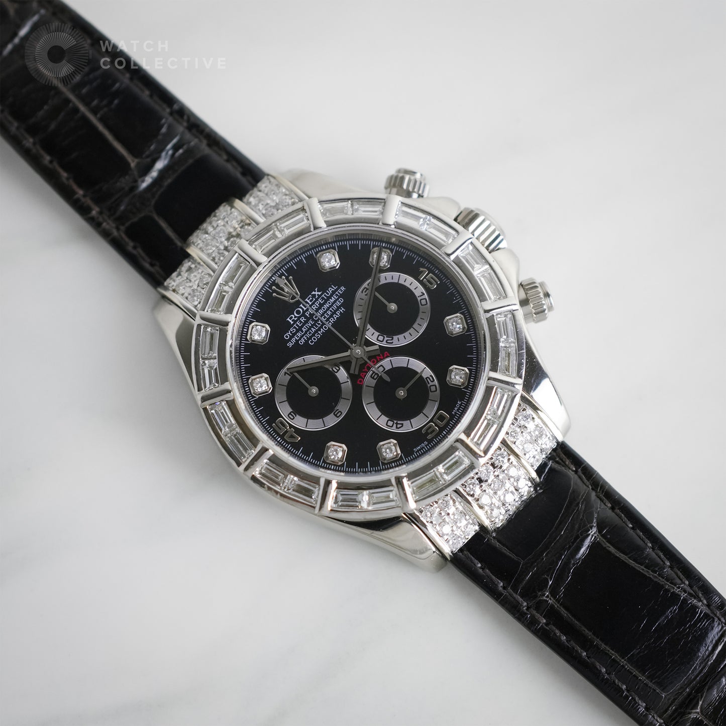 Rolex Daytona White Gold Black Diamond Dial with AM Baguette Diamond Bezel 116519