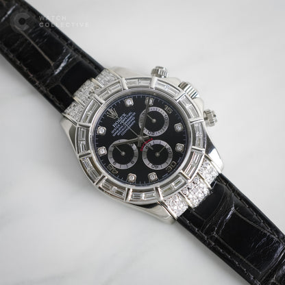 Rolex Daytona White Gold Black Diamond Dial with AM Baguette Diamond Bezel 116519