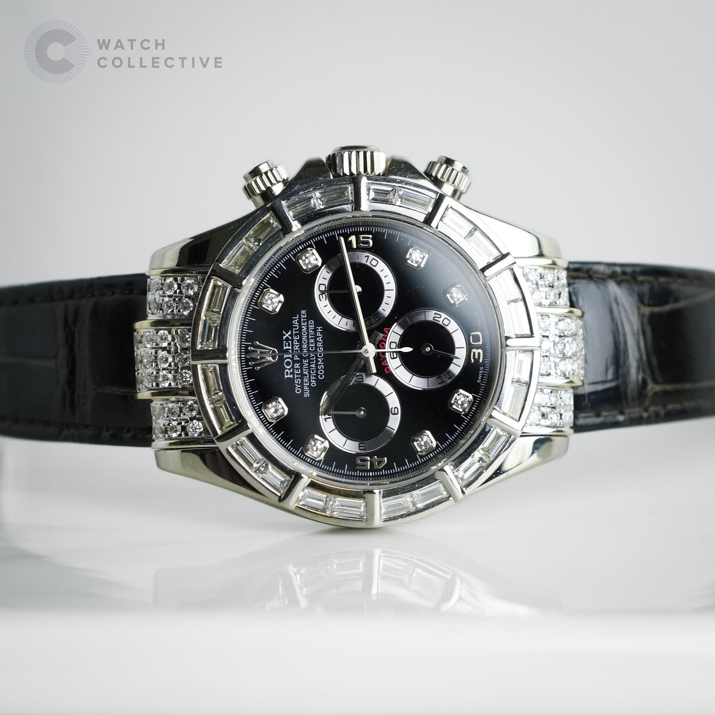 Rolex Daytona White Gold Black Diamond Dial with AM Baguette Diamond Bezel 116519