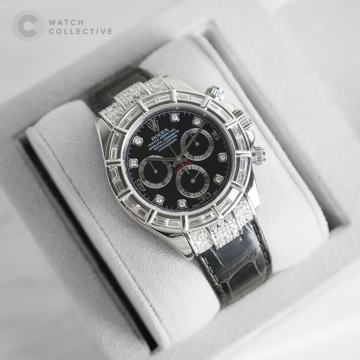 Rolex Daytona White Gold Black Diamond Dial with AM Baguette Diamond Bezel 116519