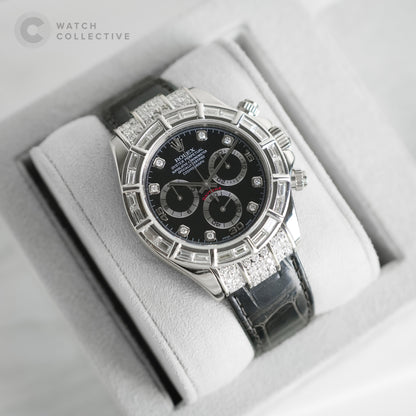 Rolex Daytona White Gold Black Diamond Dial with AM Baguette Diamond Bezel 116519