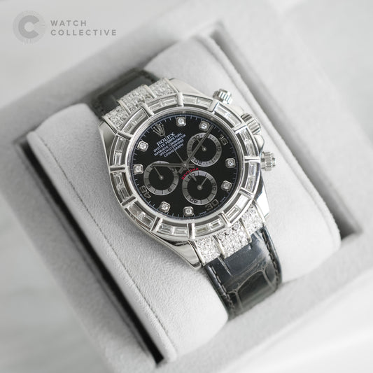 Rolex Daytona White Gold Black Diamond Dial with AM Baguette Diamond Bezel 116519