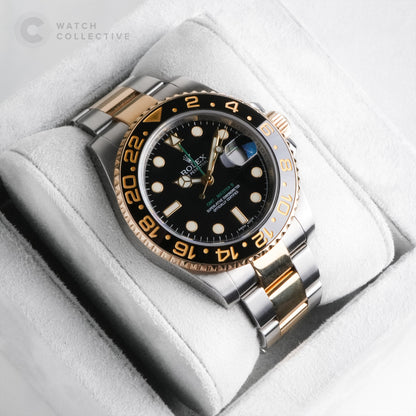 Rolex GMT Master II Two Tone Gold/Steel Black Dial 116713LN | Complete Set