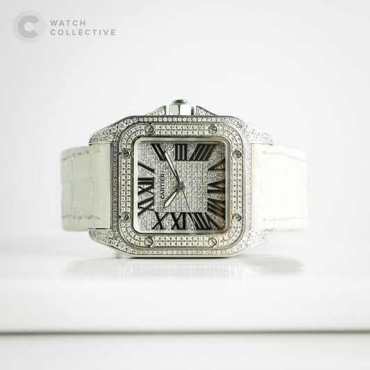 Cartier Santos Diamond dial with diamond case 36mm automatic white leather