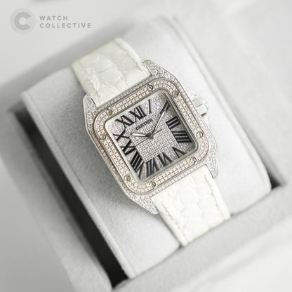 Cartier Santos Diamond dial with diamond case 36mm automatic white leather