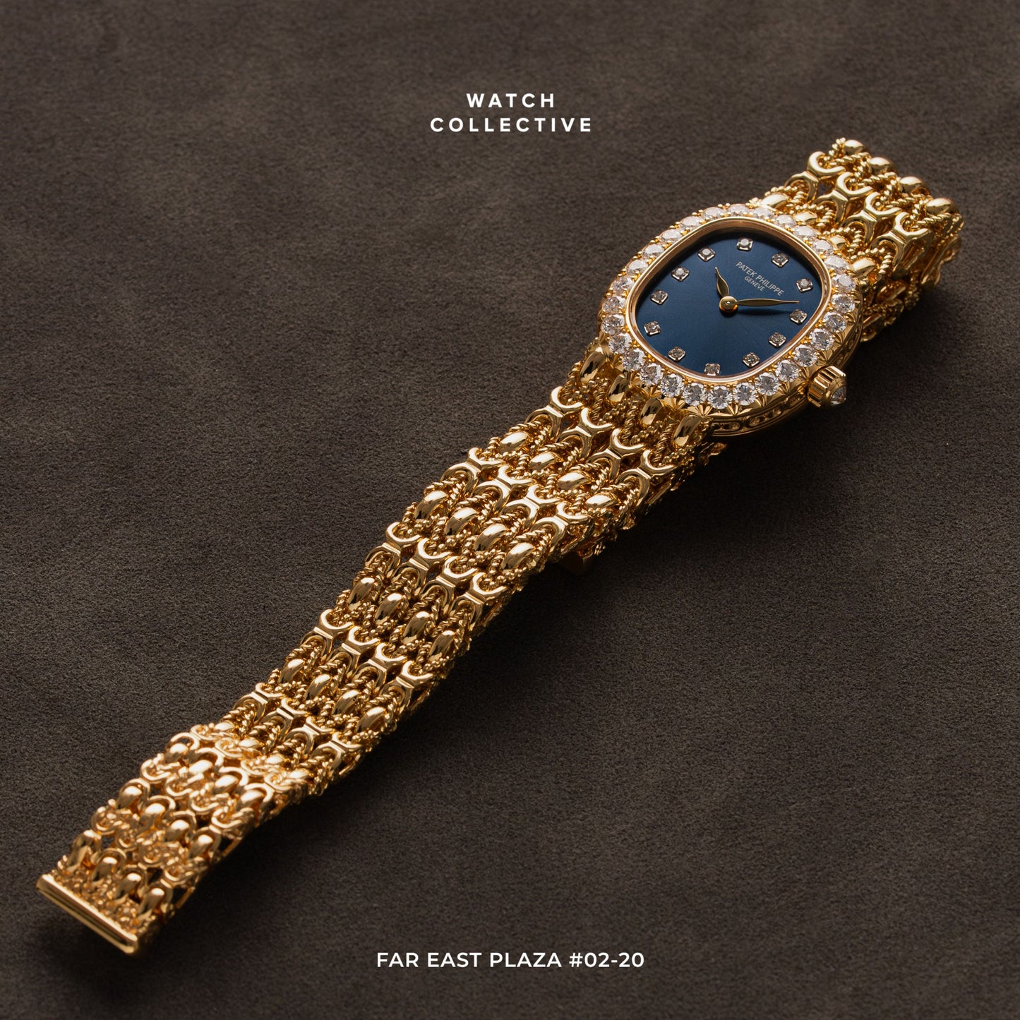 Patek Philippe Lady Ellipse 18k Yellow Gold Factory diamond bezel deployment clasp manual winding