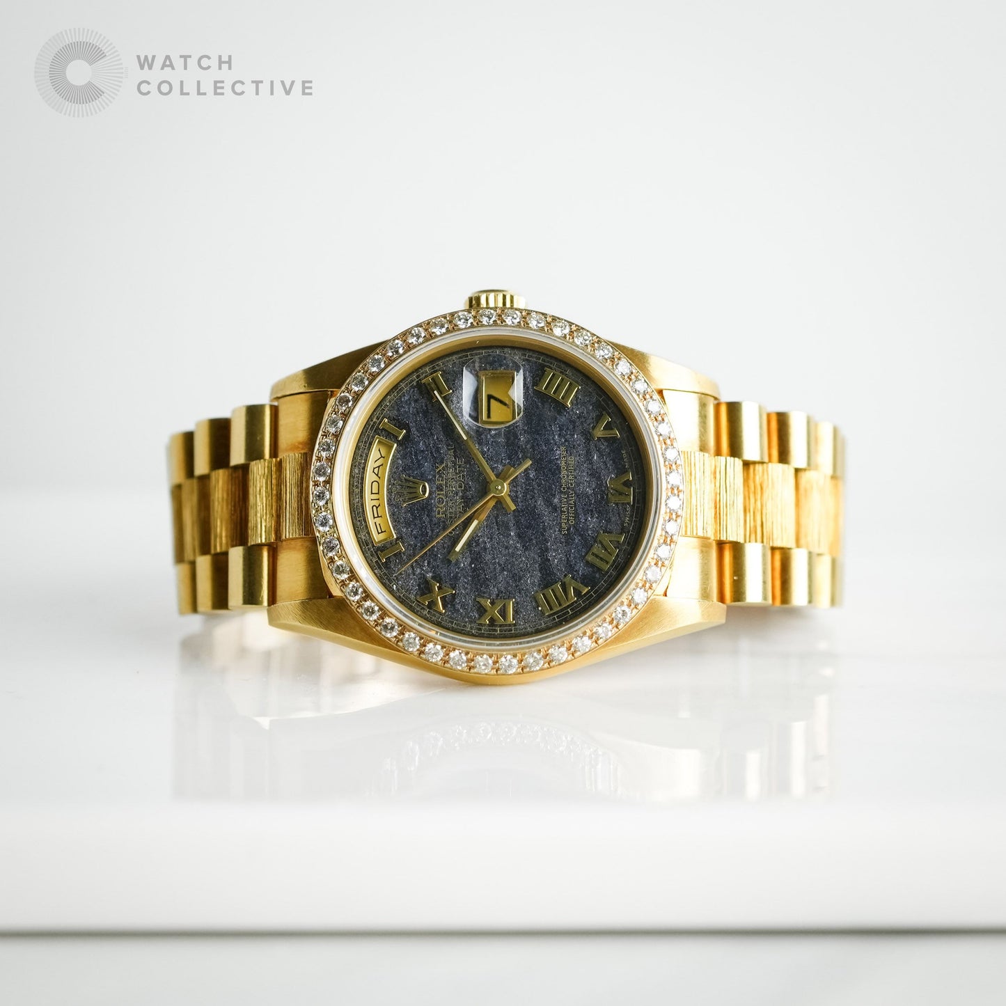 Rolex Day Date factory ferrite with AM bezel double quickset 18k Yellow Gold 18248