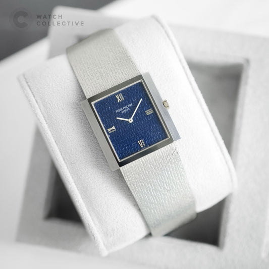 Patek Phillipe Ellipse Integrated Bracelet Rectangle 18K White Gold Blue Dial 3571/1
