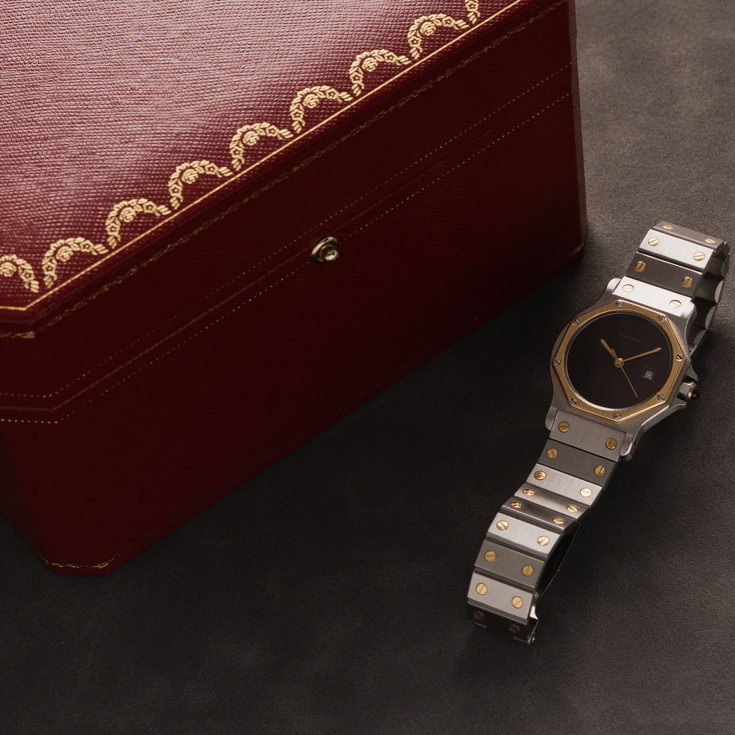 Cartier Santos Octagon Burgundy Dial 18k Yellow Gold Bezel 30mm Automatic 2966