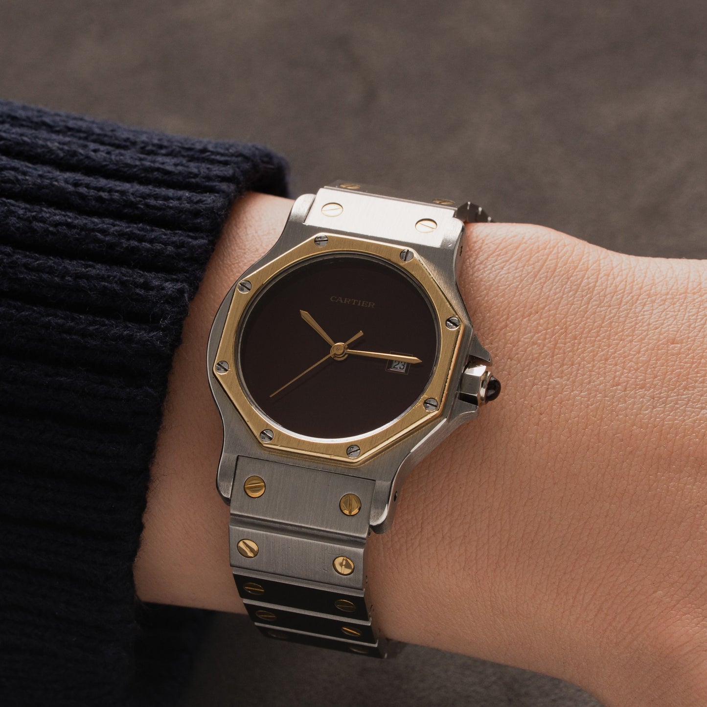 Cartier Santos Octagon Burgundy Dial 18k Yellow Gold Bezel 30mm Automatic 2966
