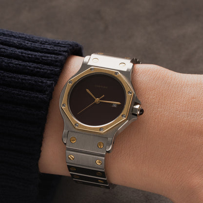 Cartier Santos Octagon Burgundy Dial 18k Yellow Gold Bezel 30mm Automatic 2966