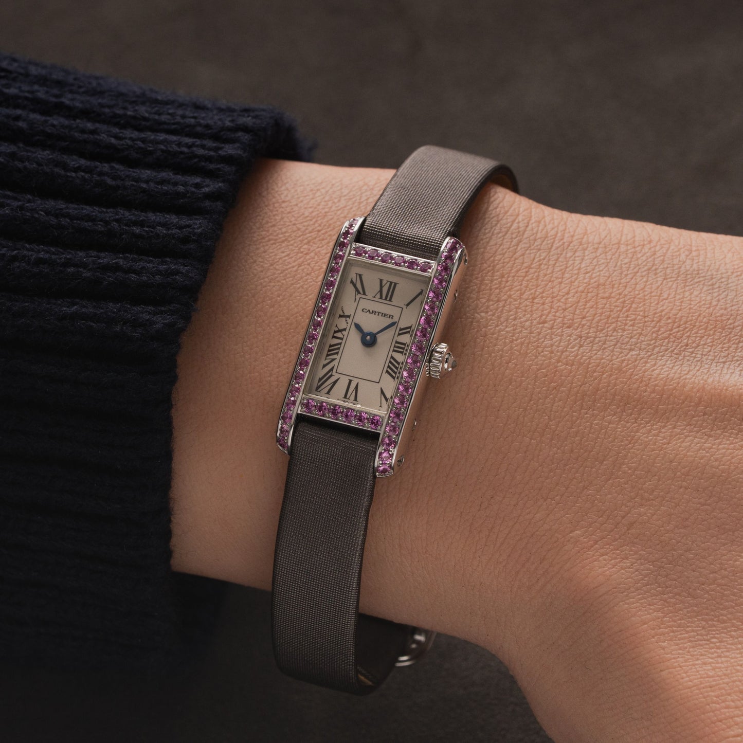 Cartier Tank Allongee Pink Sapphire Bezel 18k White Gold 14mm Quartz WB302831
