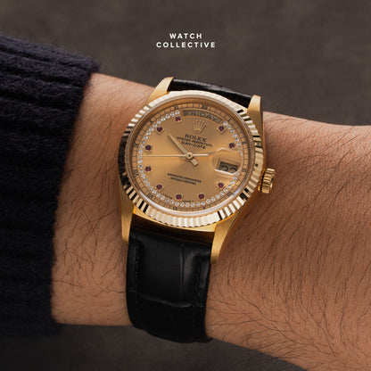 Rolex Daydate Gold Diamond and Ruby Dial 18k Yellow Gold 36mm Automatic 18038