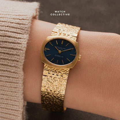 Patek Philippe 18K Yellow Gold Blue Gubelin stamped Dial Hammered Bracelet 22mm Manual 4104